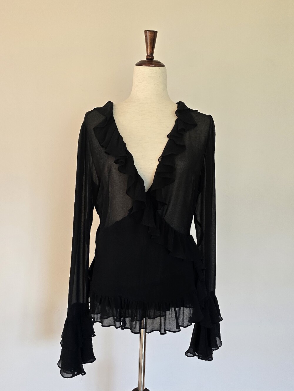 Sheer Black Ruffle V-Neck Women's Top